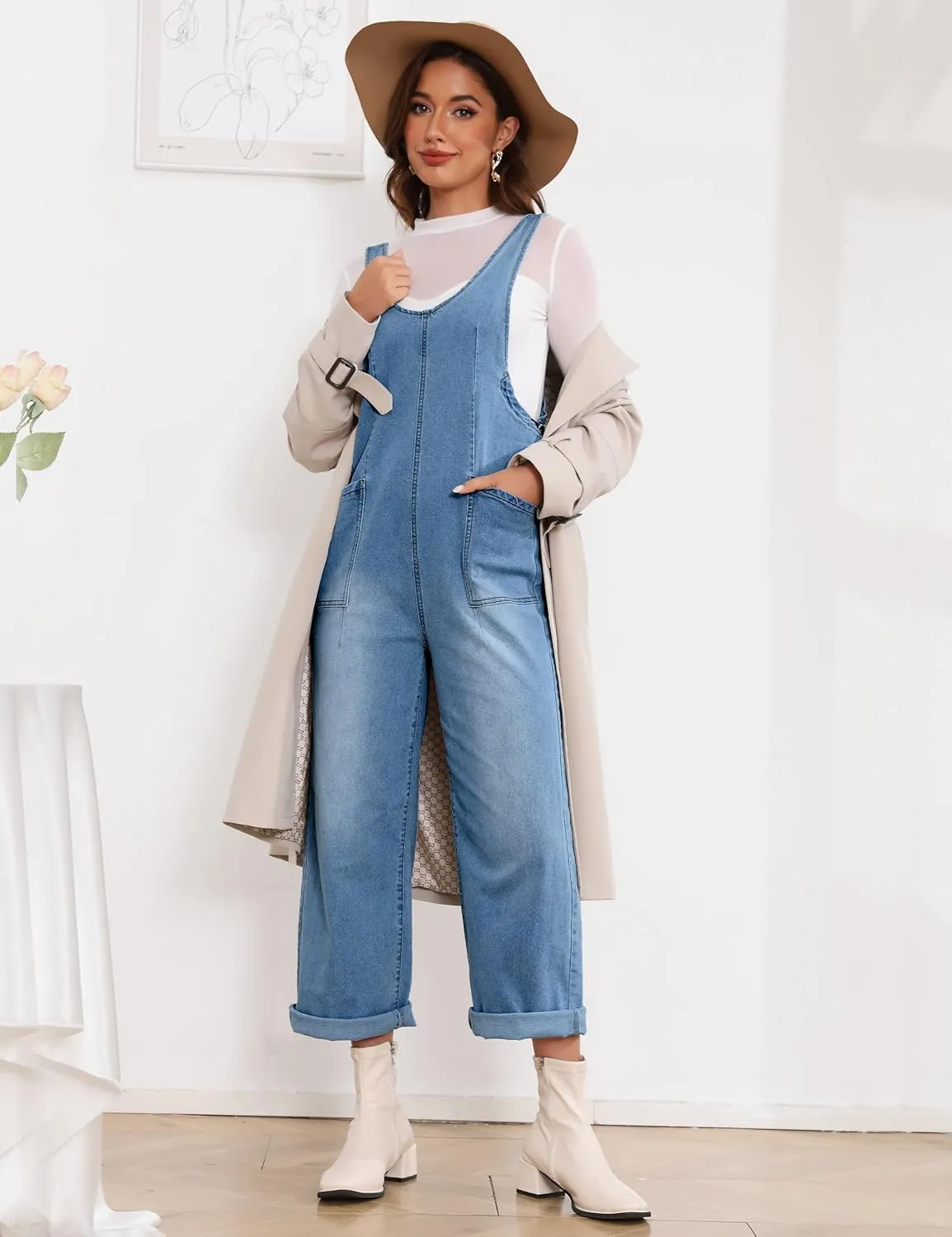 Denim Jumpsuits for Women Casual Sleeveless Loose Fit Baggy Overalls Jeans Pants Jumpers with Pockets 2024