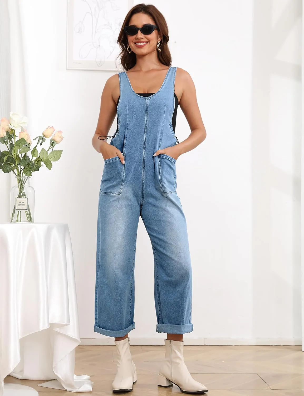 Denim Jumpsuits for Women Casual Sleeveless Loose Fit Baggy Overalls Jeans Pants Jumpers with Pockets 2024