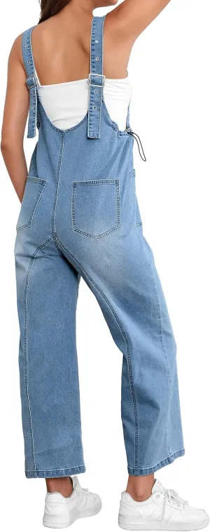 Denim Jumpsuits for Women Casual Sleeveless Loose Fit Baggy Overalls Jeans Pants Jumpers with Pockets 2024