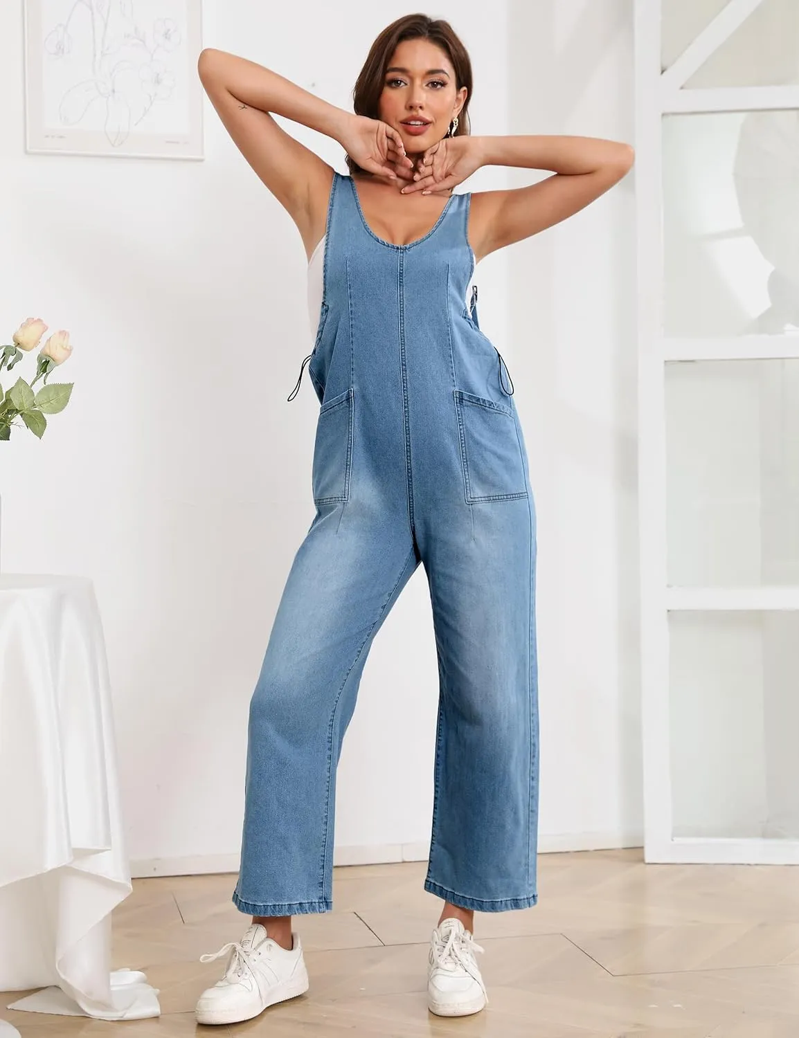 Denim Jumpsuits for Women Casual Sleeveless Loose Fit Baggy Overalls Jeans Pants Jumpers with Pockets 2024