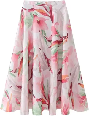 Dndrdhfb Women's Printed Pleated Skirt High Waist Midi Skirt Streetwear