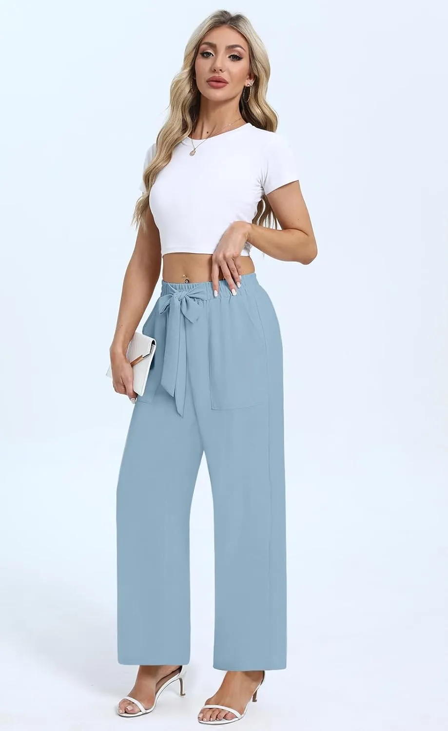 DouBCQ Women's Wide Leg Pants High Waist Flowy Tie Knot Trousers Business Casual Pants with Pockets