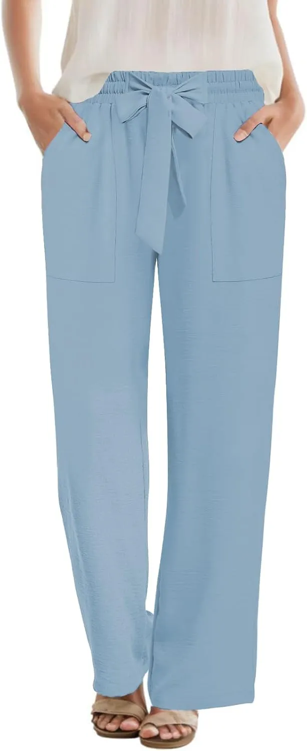 DouBCQ Women's Wide Leg Pants High Waist Flowy Tie Knot Trousers Business Casual Pants with Pockets