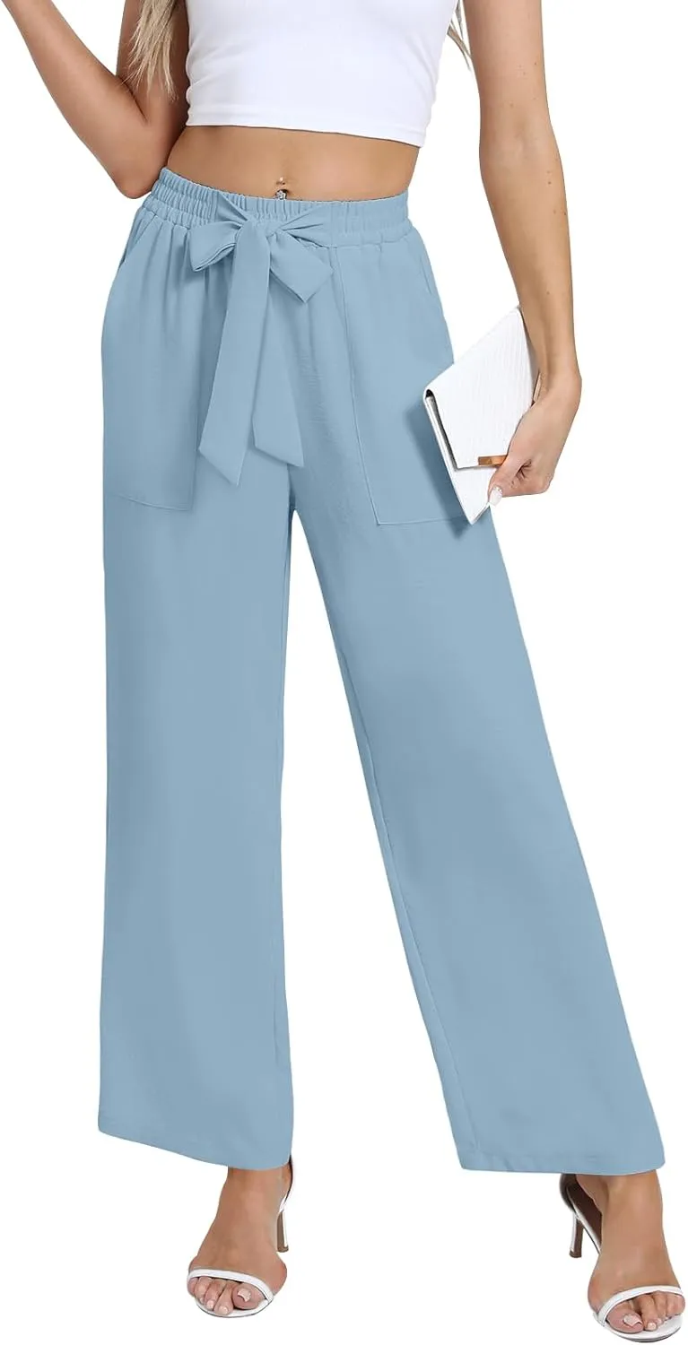 DouBCQ Women's Wide Leg Pants High Waist Flowy Tie Knot Trousers Business Casual Pants with Pockets