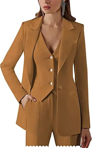 Dowbins Womens 3 Piece Single-Breasted Pants Suits Dressy Casual Jacket Vest and Pants Suits for Women Evening Party