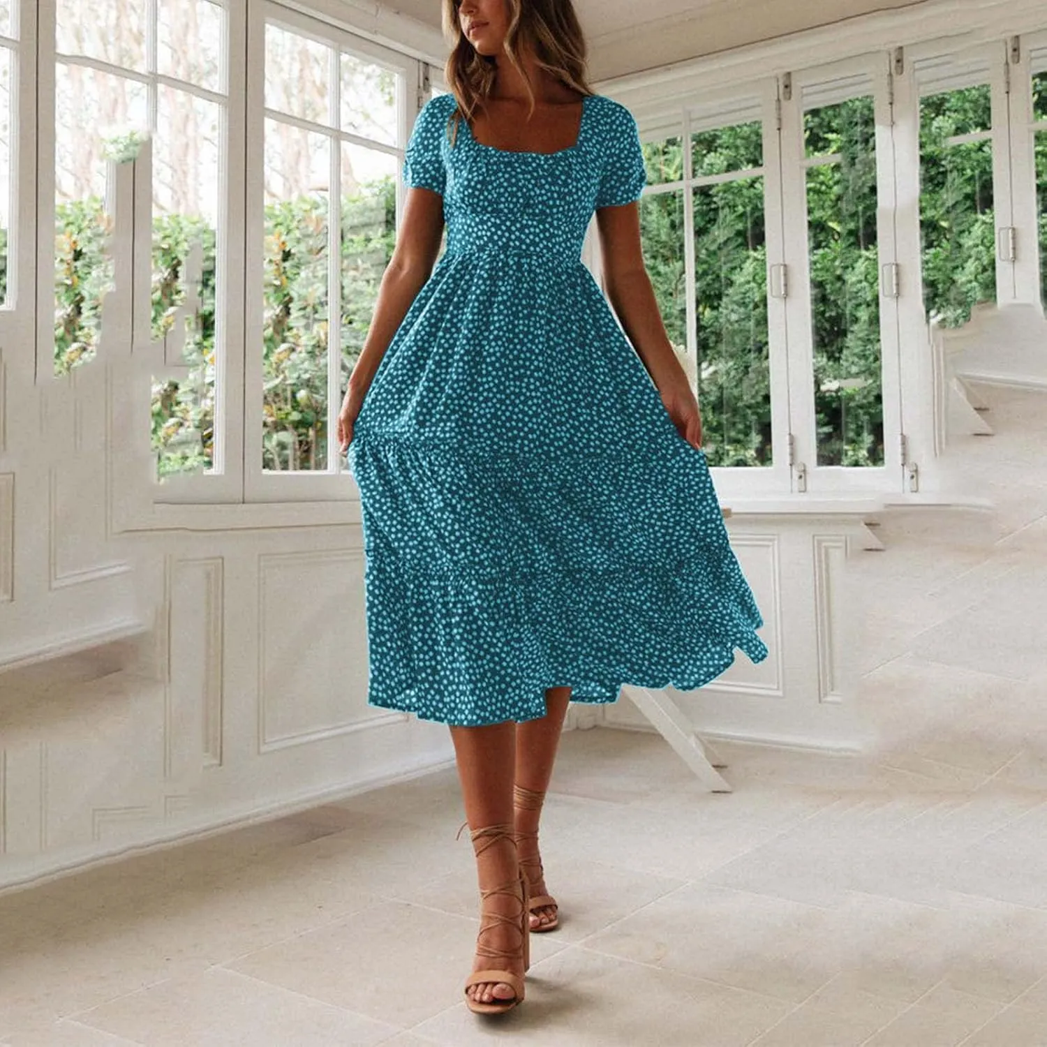 Dresses for Women 2024 Polka Dots Print Boho Dresses Casual Summer Midi Dress A Line Tiered Ruffle Flowy Dress