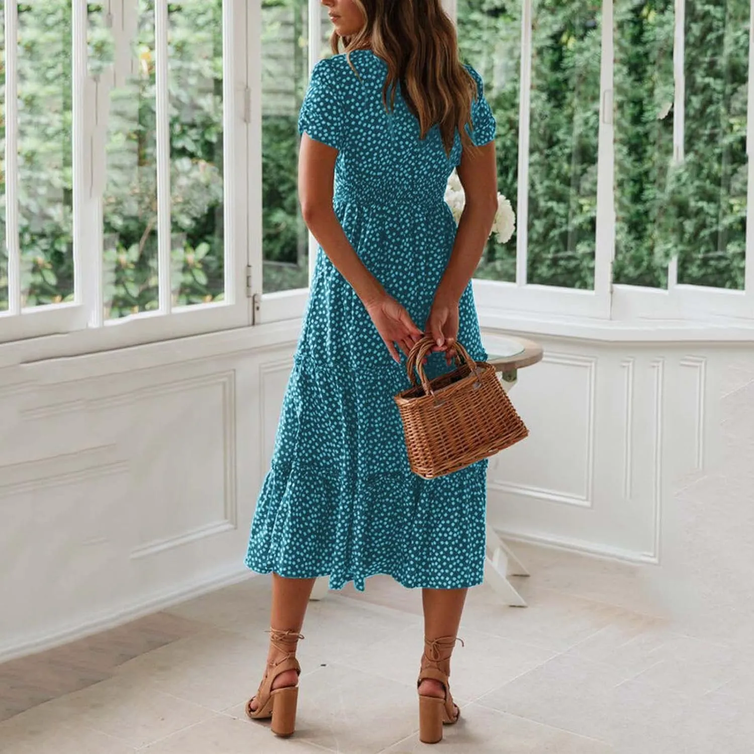 Dresses for Women 2024 Polka Dots Print Boho Dresses Casual Summer Midi Dress A Line Tiered Ruffle Flowy Dress