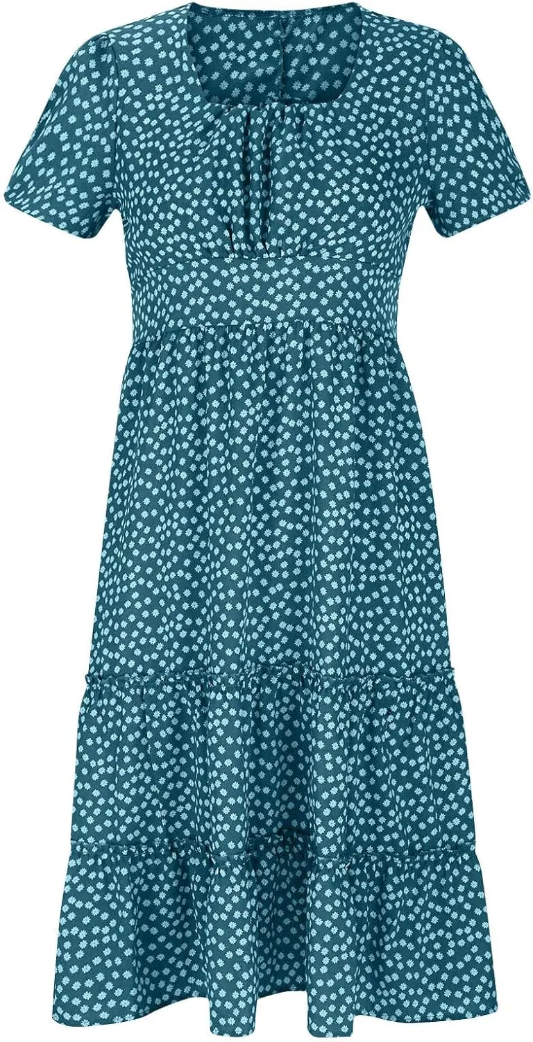 Dresses for Women 2024 Polka Dots Print Boho Dresses Casual Summer Midi Dress A Line Tiered Ruffle Flowy Dress