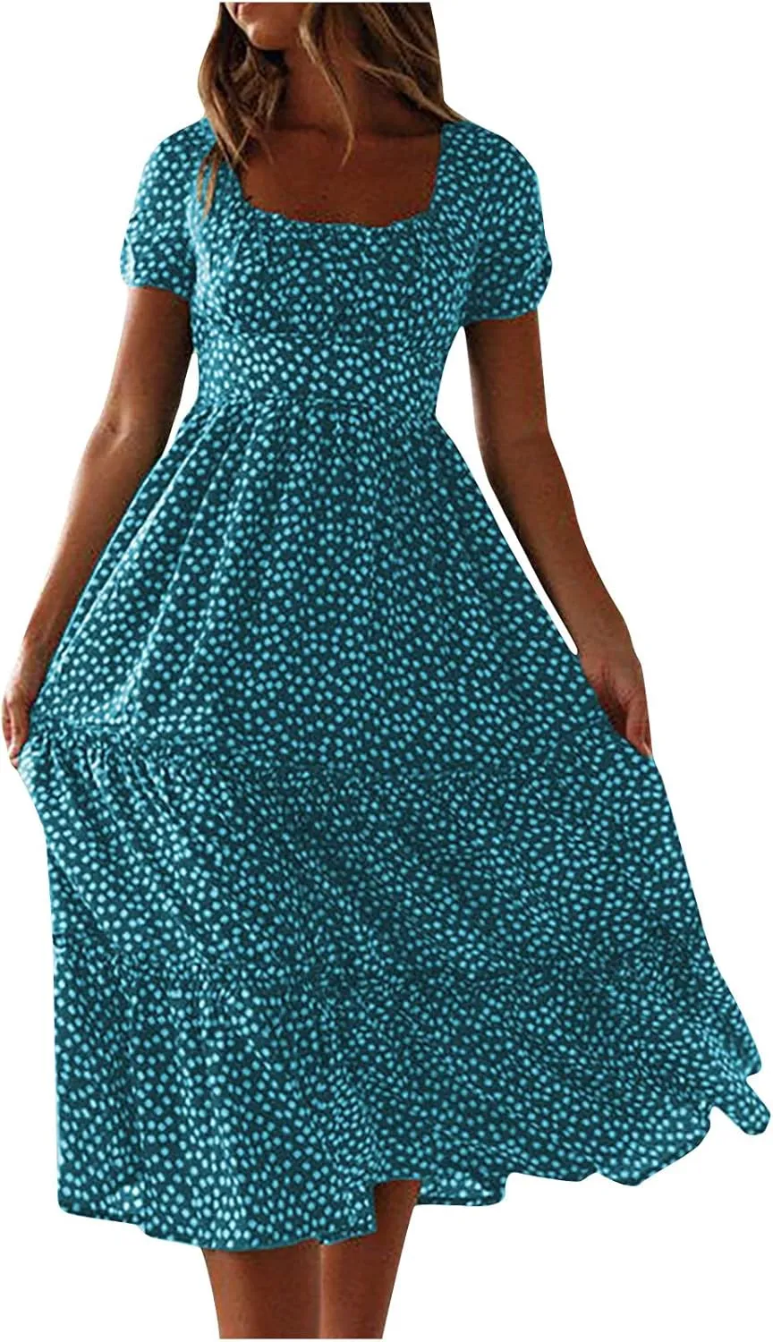Dresses for Women 2024 Polka Dots Print Boho Dresses Casual Summer Midi Dress A Line Tiered Ruffle Flowy Dress