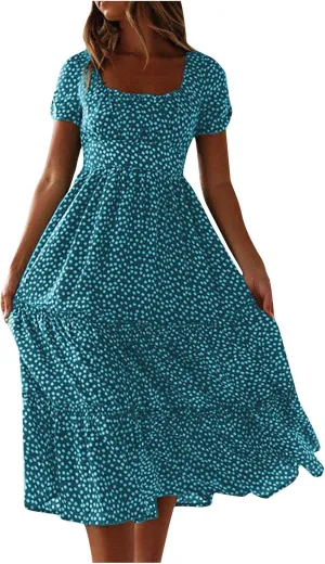 Dresses for Women 2024 Polka Dots Print Boho Dresses Casual Summer Midi Dress A Line Tiered Ruffle Flowy Dress
