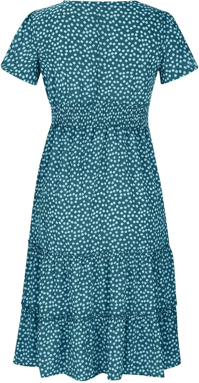 Dresses for Women 2024 Polka Dots Print Boho Dresses Casual Summer Midi Dress A Line Tiered Ruffle Flowy Dress