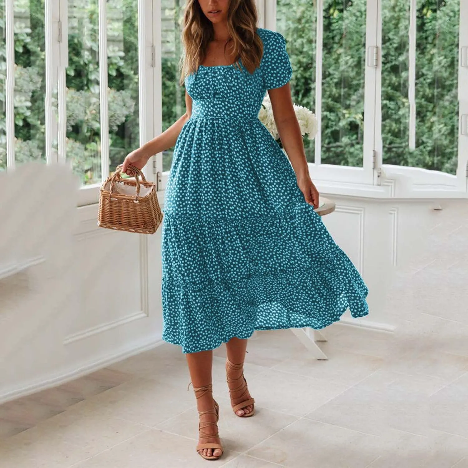 Dresses for Women 2024 Polka Dots Print Boho Dresses Casual Summer Midi Dress A Line Tiered Ruffle Flowy Dress