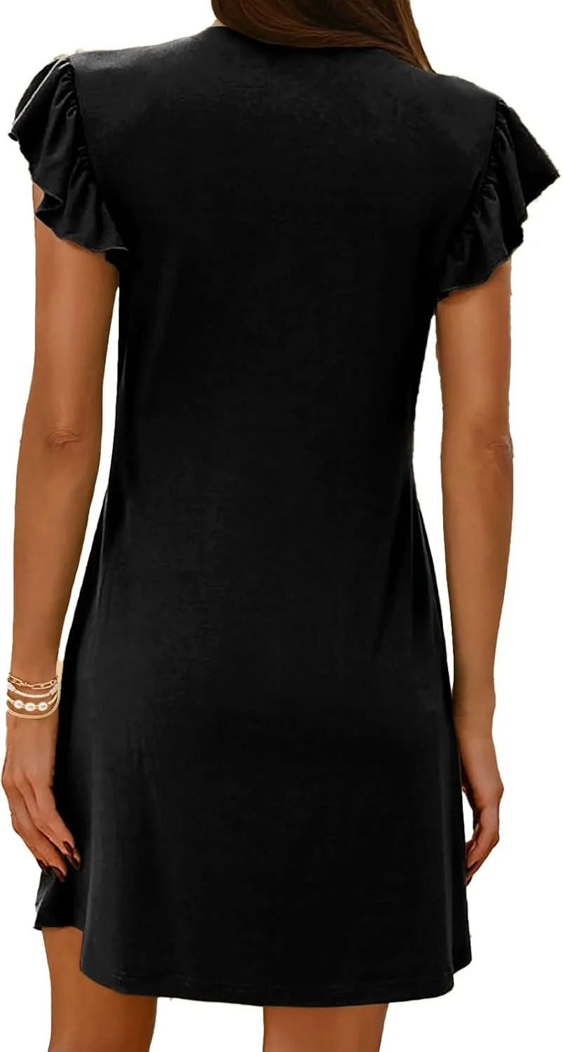 Dresses for Women 2025 Deep V Neck Loose Sundress Ruffle Sleeve Flowy Mini Dress Vacation Holiday Dresses