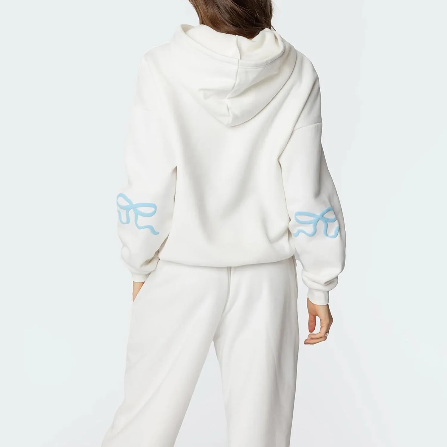 DSORVICD Women 2 Piece Outfits Y2k Bow Embroidery Long Sleeve Oversized Hoodie Baggy Sweatpants Bow Tie Sweatsuit Streetwear