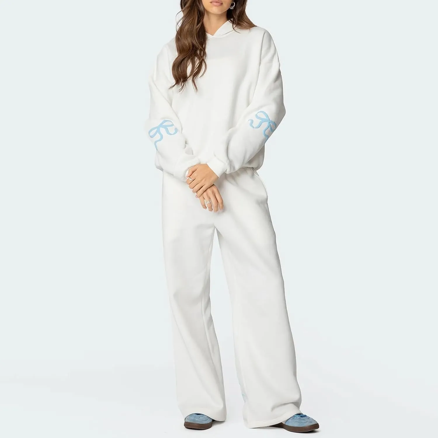 DSORVICD Women 2 Piece Outfits Y2k Bow Embroidery Long Sleeve Oversized Hoodie Baggy Sweatpants Bow Tie Sweatsuit Streetwear