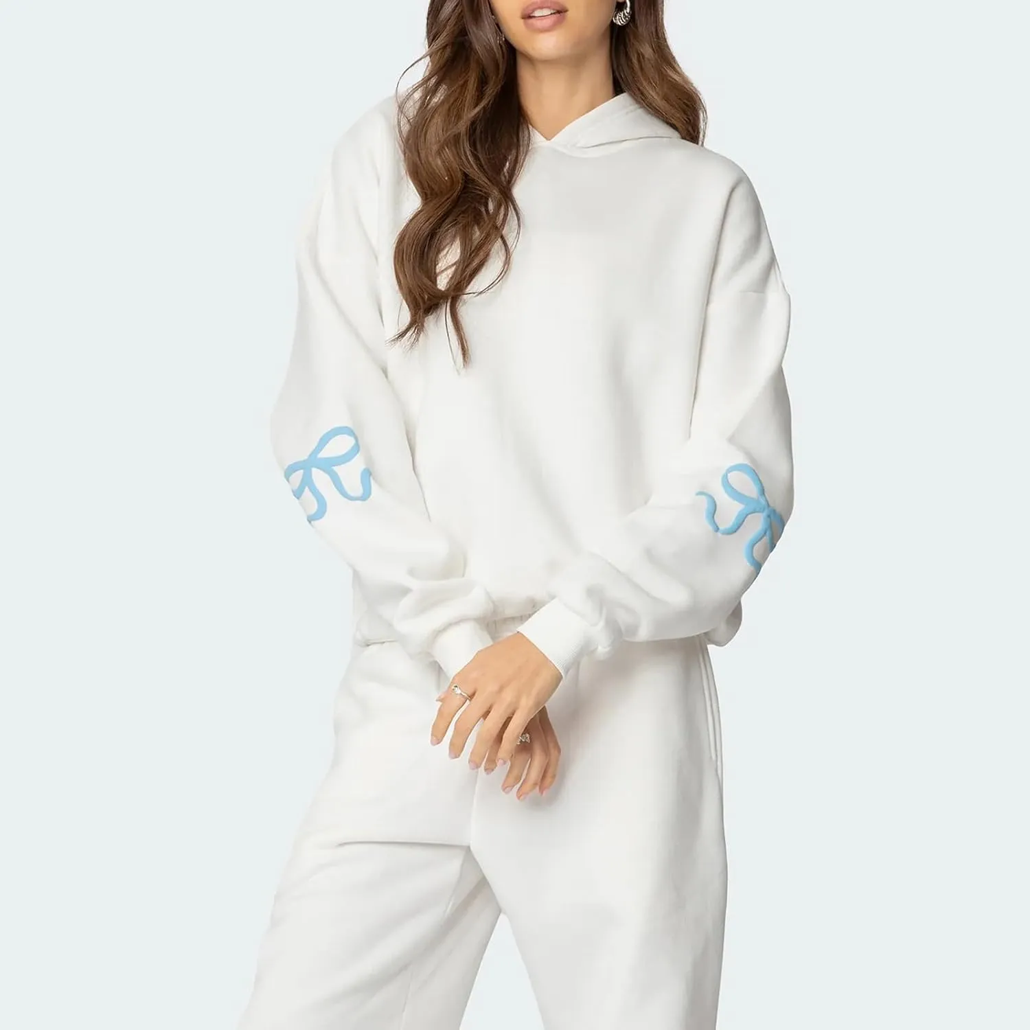 DSORVICD Women 2 Piece Outfits Y2k Bow Embroidery Long Sleeve Oversized Hoodie Baggy Sweatpants Bow Tie Sweatsuit Streetwear
