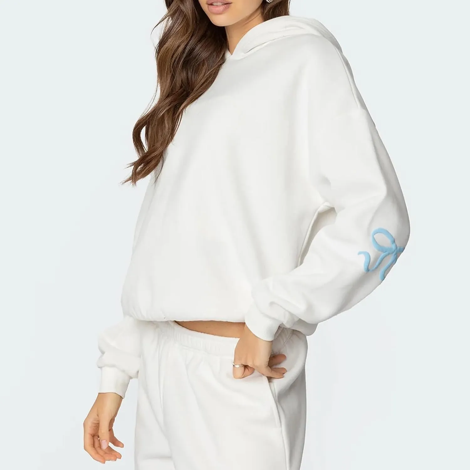 DSORVICD Women 2 Piece Outfits Y2k Bow Embroidery Long Sleeve Oversized Hoodie Baggy Sweatpants Bow Tie Sweatsuit Streetwear