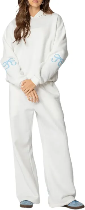 DSORVICD Women 2 Piece Outfits Y2k Bow Embroidery Long Sleeve Oversized Hoodie Baggy Sweatpants Bow Tie Sweatsuit Streetwear