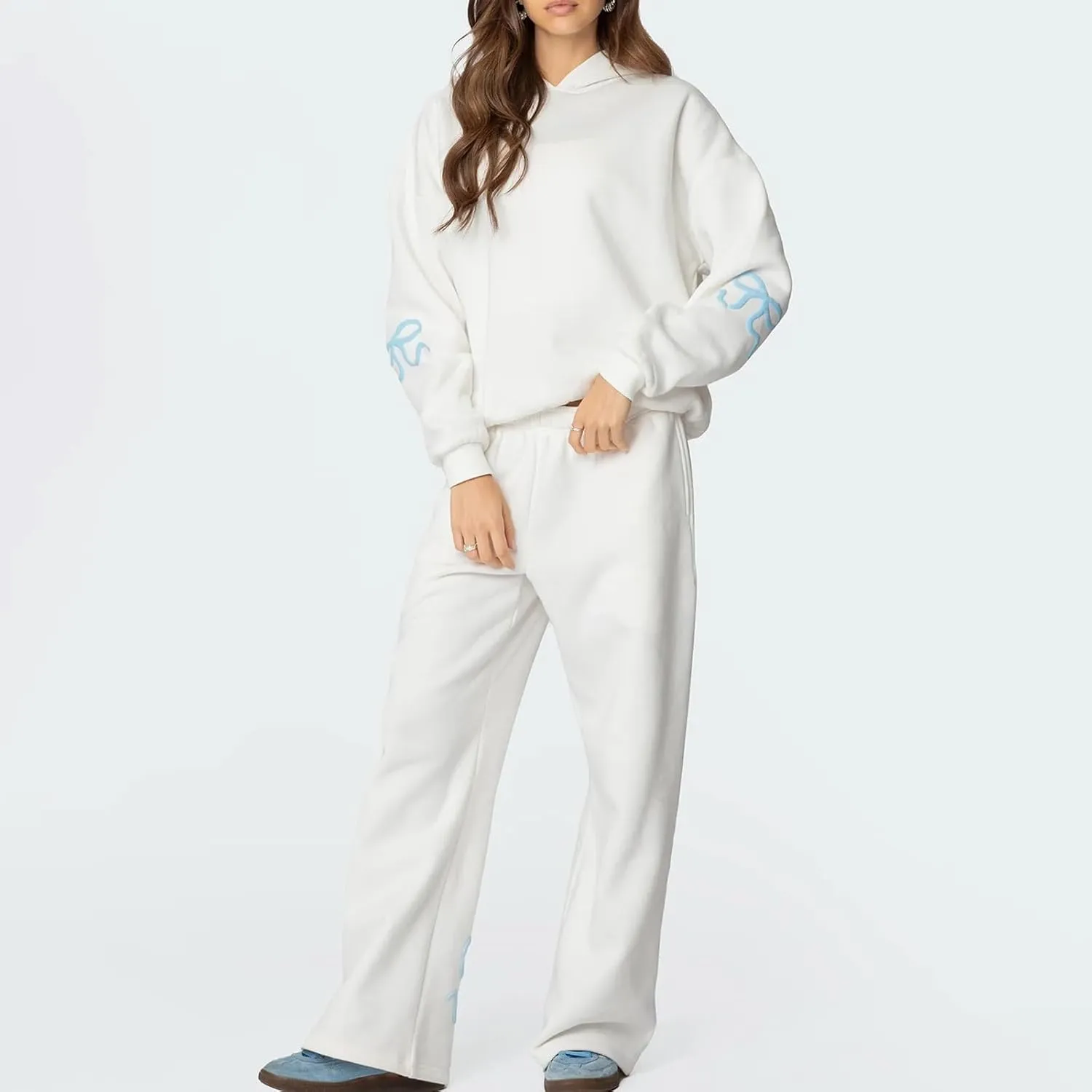 DSORVICD Women 2 Piece Outfits Y2k Bow Embroidery Long Sleeve Oversized Hoodie Baggy Sweatpants Bow Tie Sweatsuit Streetwear