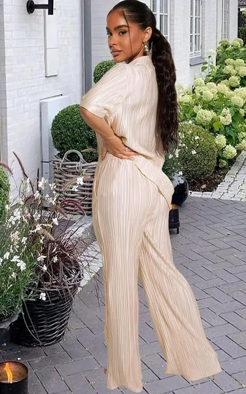 Ekaliy Women's 2 Piece Casual Pleated Outfits Short Sleeve Button Down Shirt High Waist Wide Leg Trouser Sets Suit