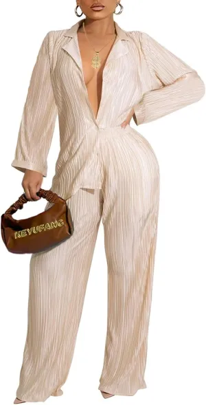 Ekaliy Women's 2 Piece Casual Pleated Outfits Short Sleeve Button Down Shirt High Waist Wide Leg Trouser Sets Suit