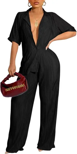 Ekaliy Women's 2 Piece Casual Pleated Outfits Short Sleeve Button Down Shirt High Waist Wide Leg Trouser Sets Suit