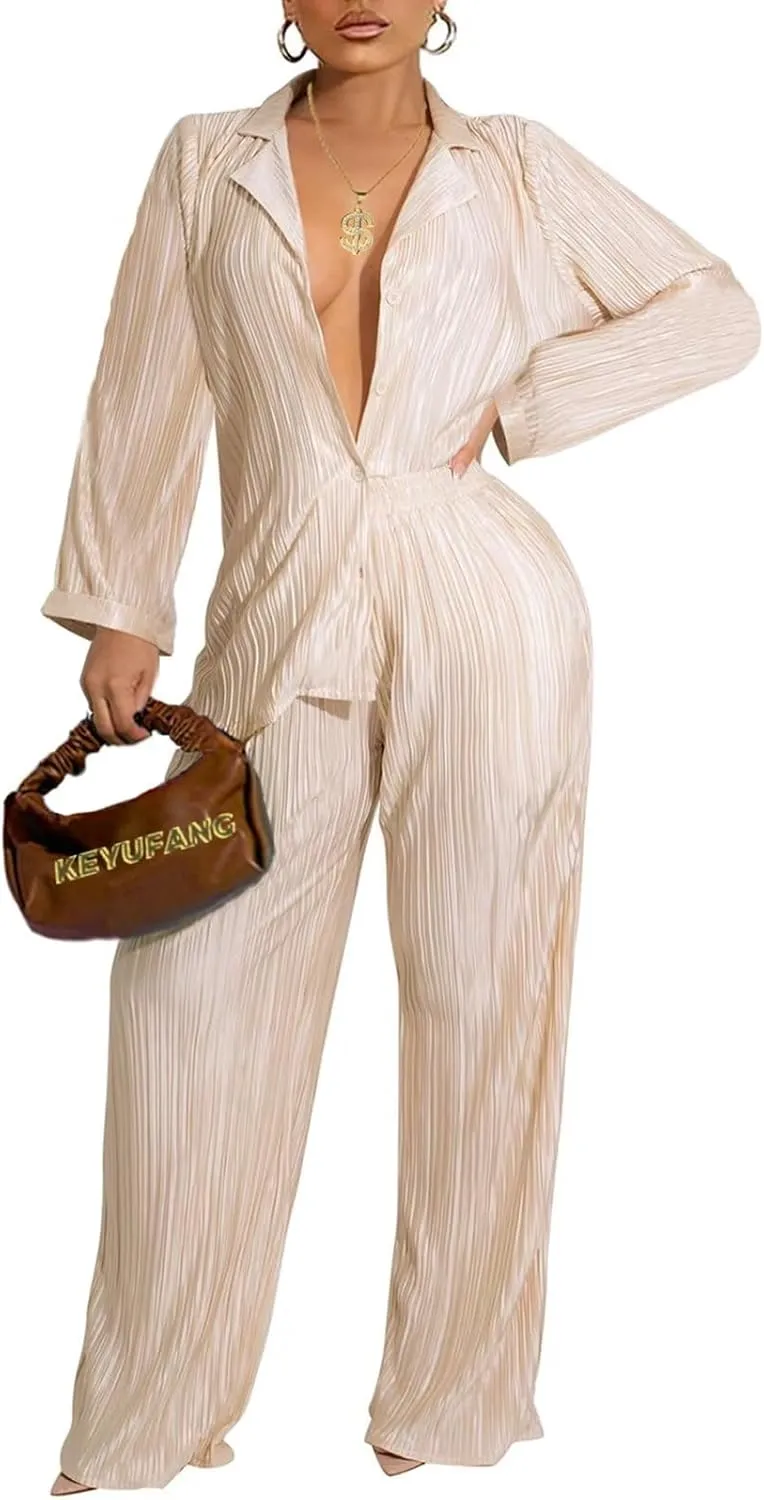 Ekaliy Women's 2 Piece Casual Pleated Outfits Short Sleeve Button Down Shirt High Waist Wide Leg Trouser Sets Suit