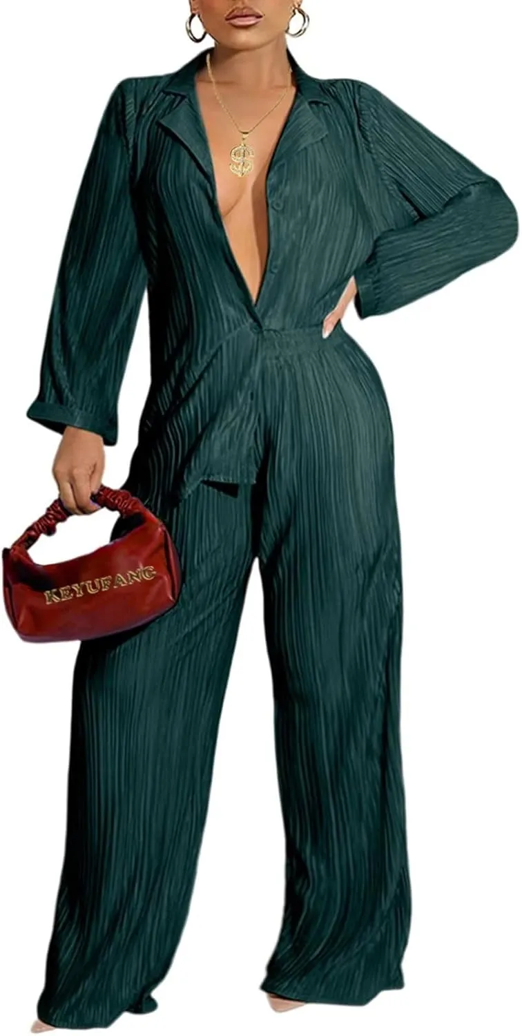 Ekaliy Women's 2 Piece Casual Pleated Outfits Short Sleeve Button Down Shirt High Waist Wide Leg Trouser Sets Suit