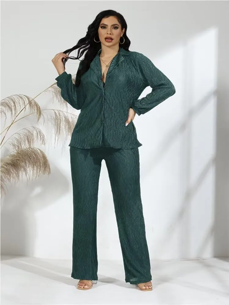 Ekaliy Women's 2 Piece Casual Pleated Outfits Short Sleeve Button Down Shirt High Waist Wide Leg Trouser Sets Suit
