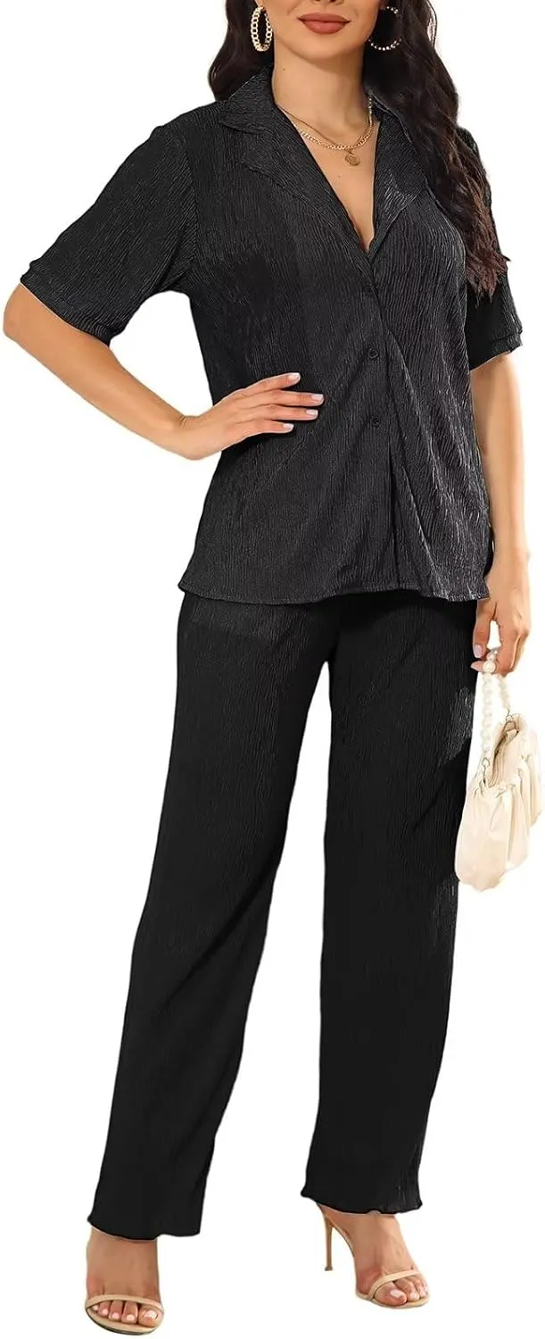 Ekaliy Women's 2 Piece Casual Pleated Outfits Short Sleeve Button Down Shirt High Waist Wide Leg Trouser Sets Suit