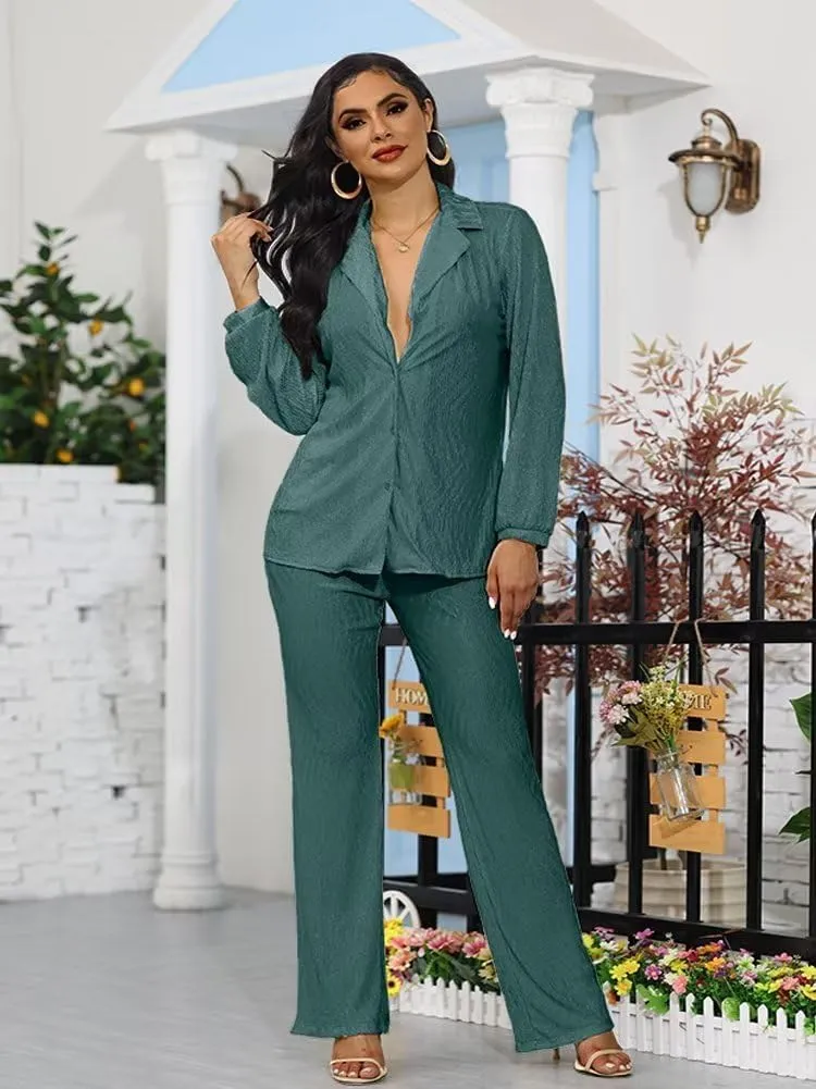 Ekaliy Women's 2 Piece Casual Pleated Outfits Short Sleeve Button Down Shirt High Waist Wide Leg Trouser Sets Suit