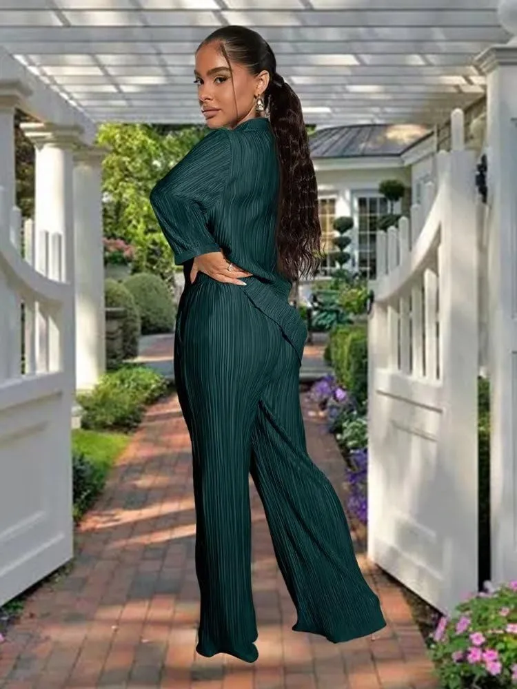 Ekaliy Women's 2 Piece Casual Pleated Outfits Short Sleeve Button Down Shirt High Waist Wide Leg Trouser Sets Suit