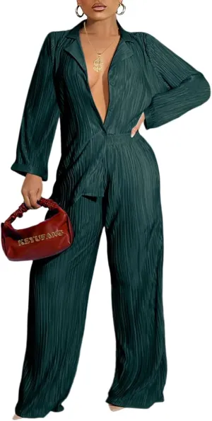Ekaliy Women's 2 Piece Casual Pleated Outfits Short Sleeve Button Down Shirt High Waist Wide Leg Trouser Sets Suit