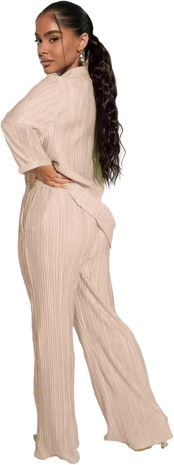 Ekaliy Women's 2 Piece Casual Pleated Outfits Short Sleeve Button Down Shirt High Waist Wide Leg Trouser Sets Suit
