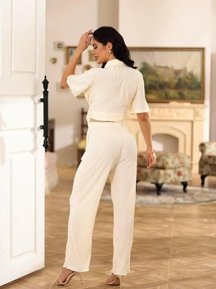 Ekaliy Women's 2 Piece Casual Pleated Outfits Short Sleeve Button Down Shirt High Waist Wide Leg Trouser Sets Suit