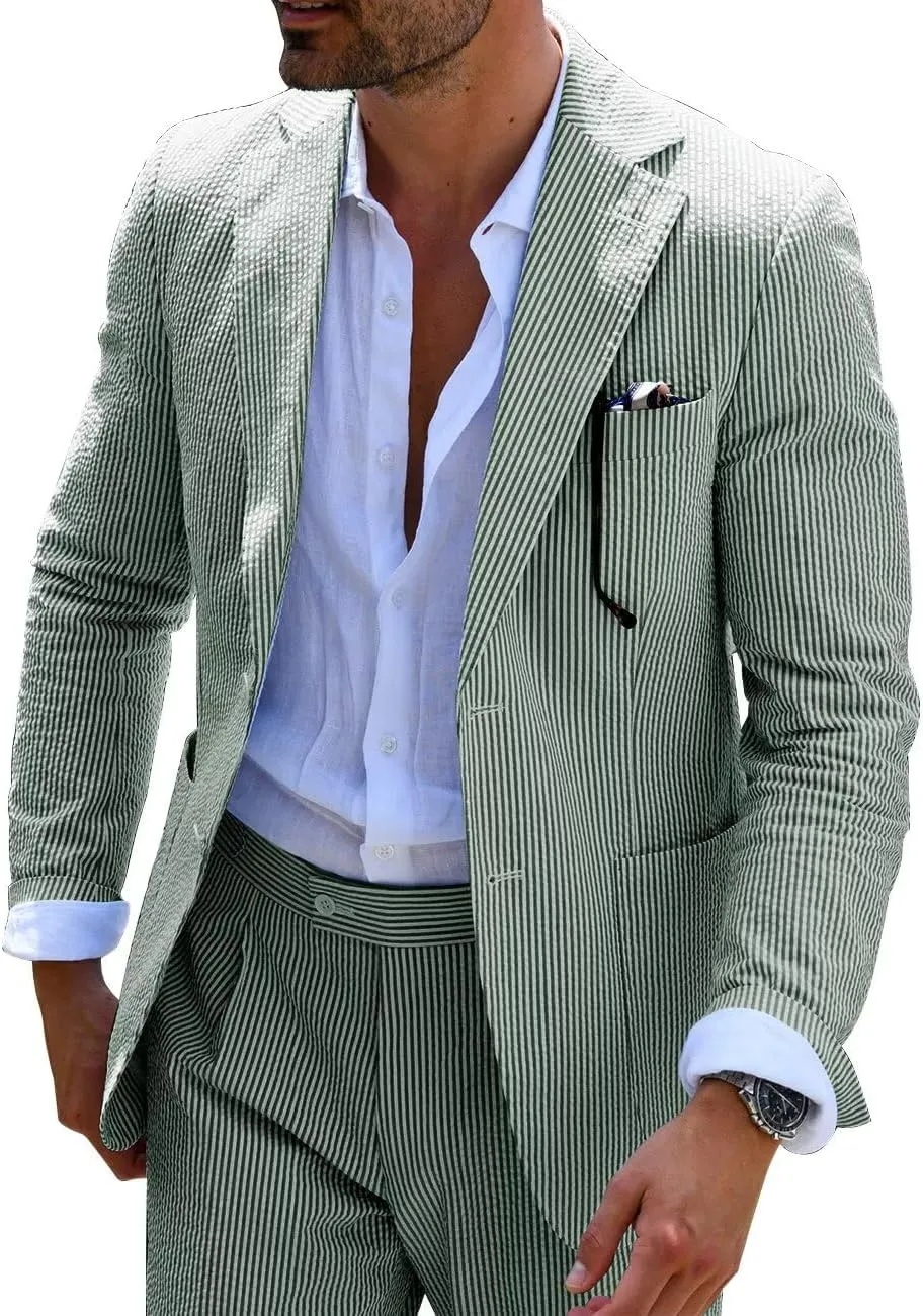 EMERAIDVLN Seersucker Suit Mens 2 Piece Regular Fit Beach Wedding Casual Prom Summer Wear Striped Blazer and Pants