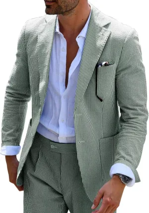 EMERAIDVLN Seersucker Suit Mens 2 Piece Regular Fit Beach Wedding Casual Prom Summer Wear Striped Blazer and Pants