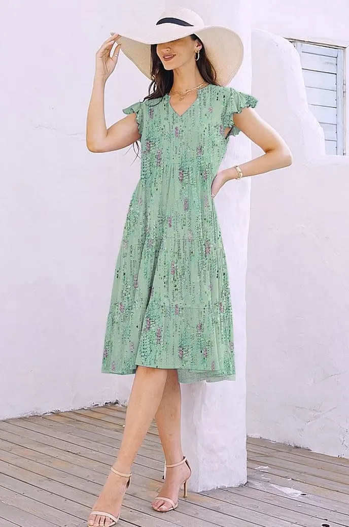 ETCYY Sundresses for Women 2025 Vacation Ruffle Tiered Beach Cover Ups Boho Floral Print Casual Summer Midi Dress