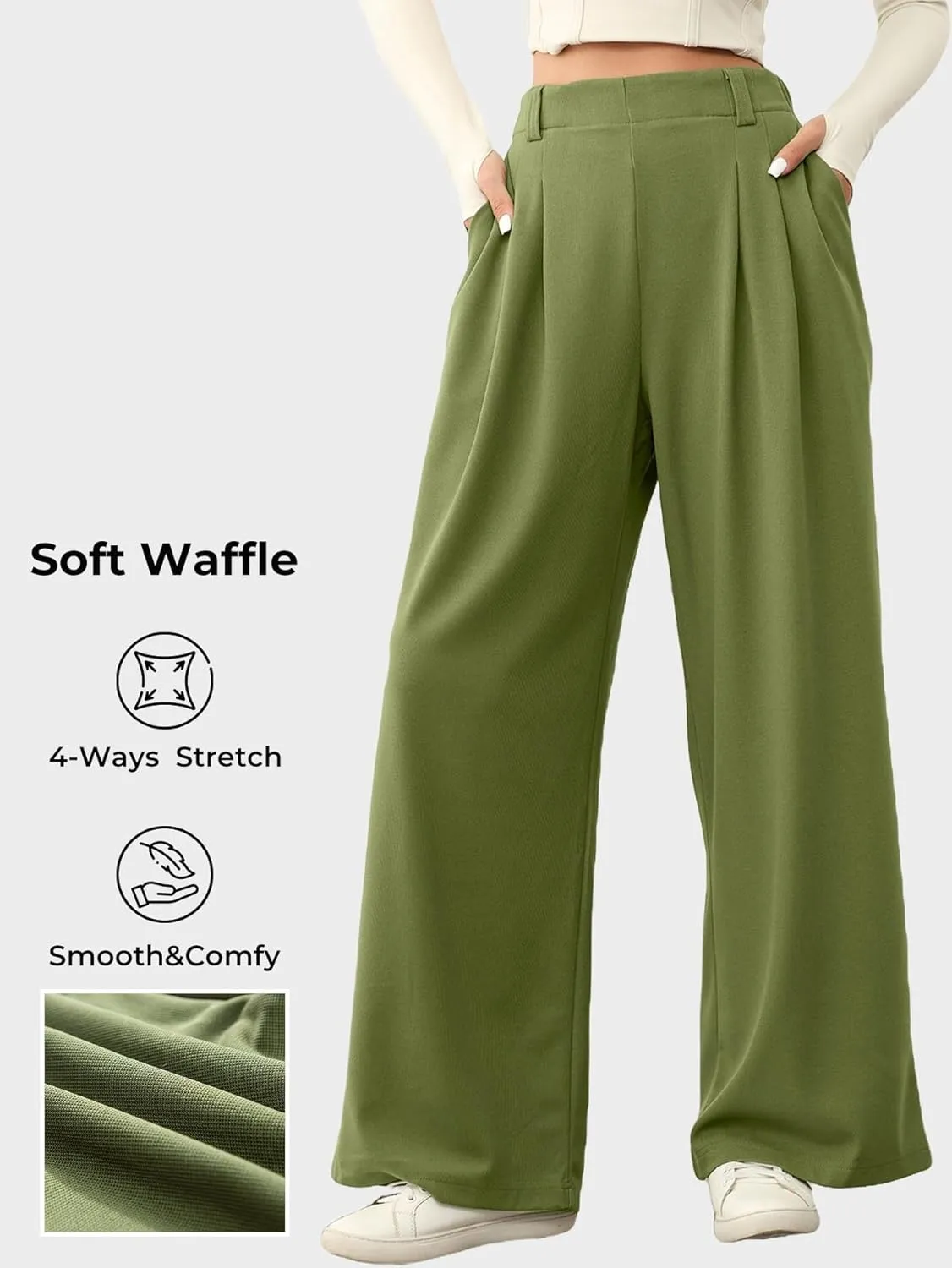EVALESS Women's Wide Leg Pants Elastic High Waisted Waffle Knit Casual Palazzo Pants Trousers with Pockets
