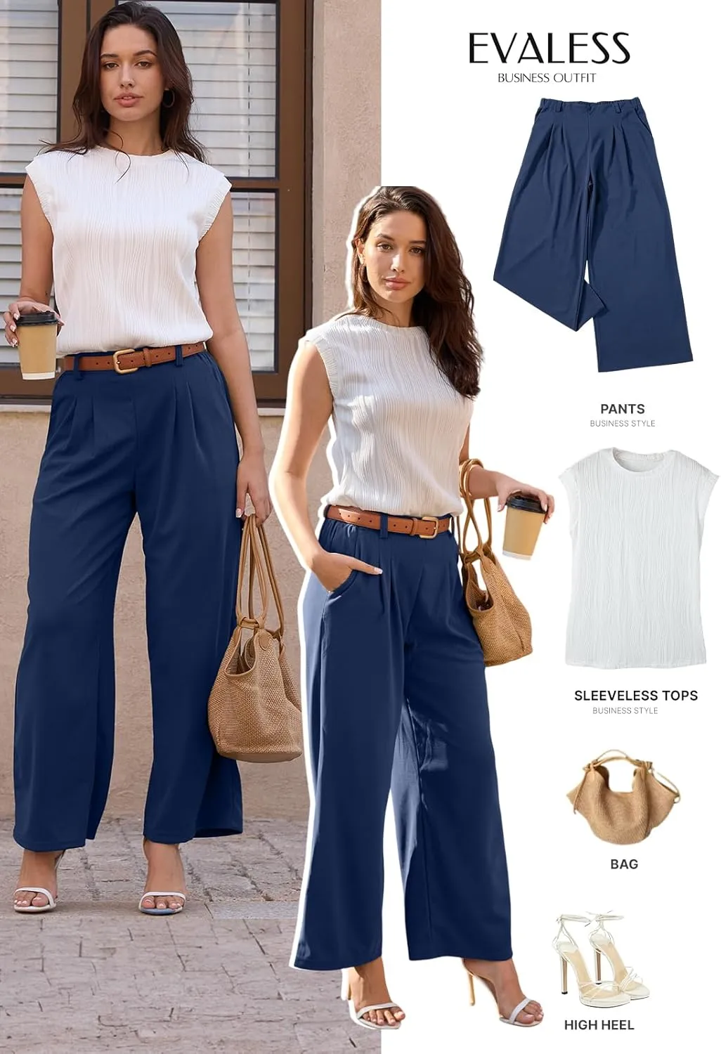 EVALESS Women's Wide Leg Pants Elastic High Waisted Waffle Knit Casual Palazzo Pants Trousers with Pockets
