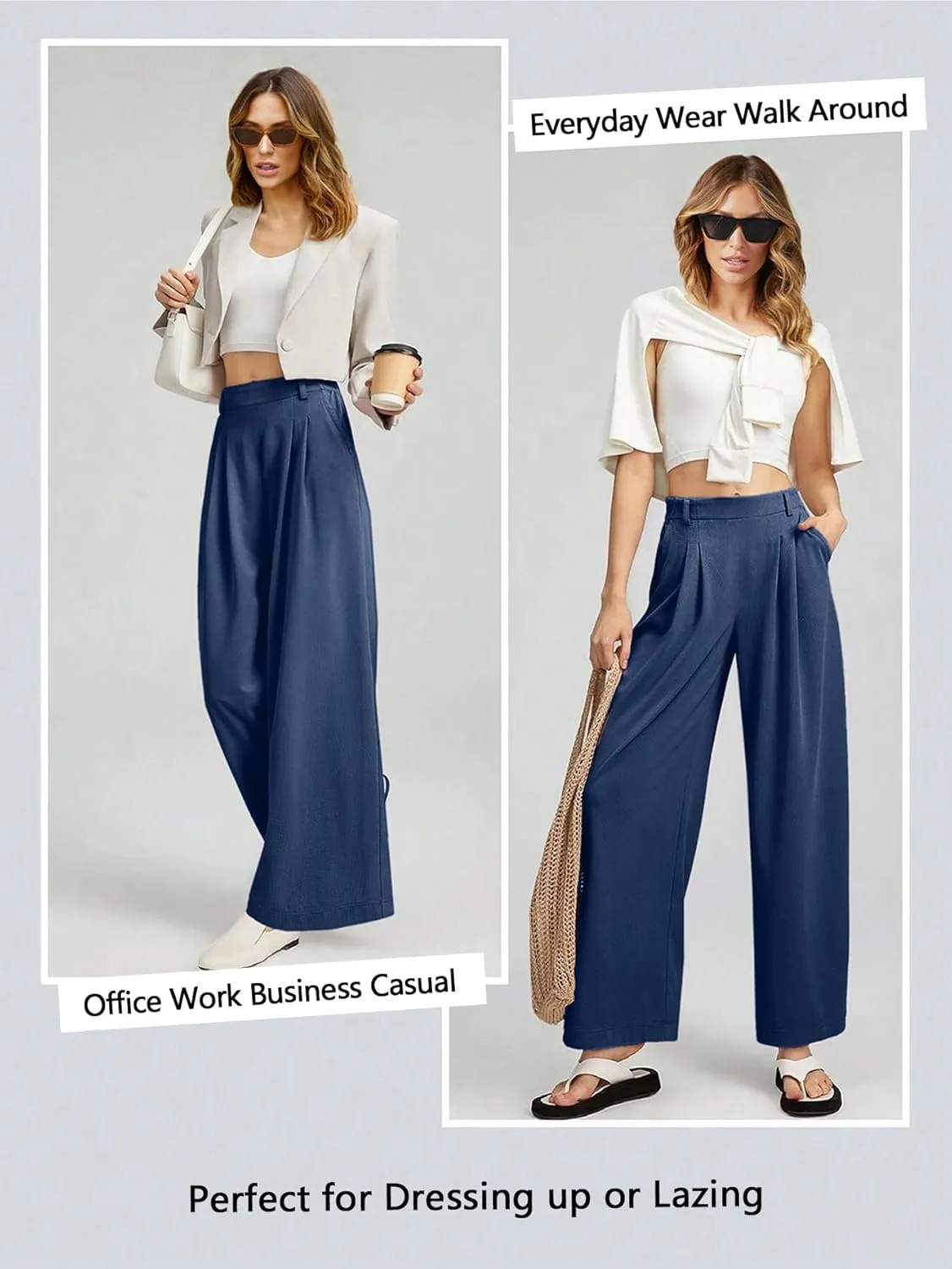EVALESS Women's Wide Leg Pants Elastic High Waisted Waffle Knit Casual Palazzo Pants Trousers with Pockets