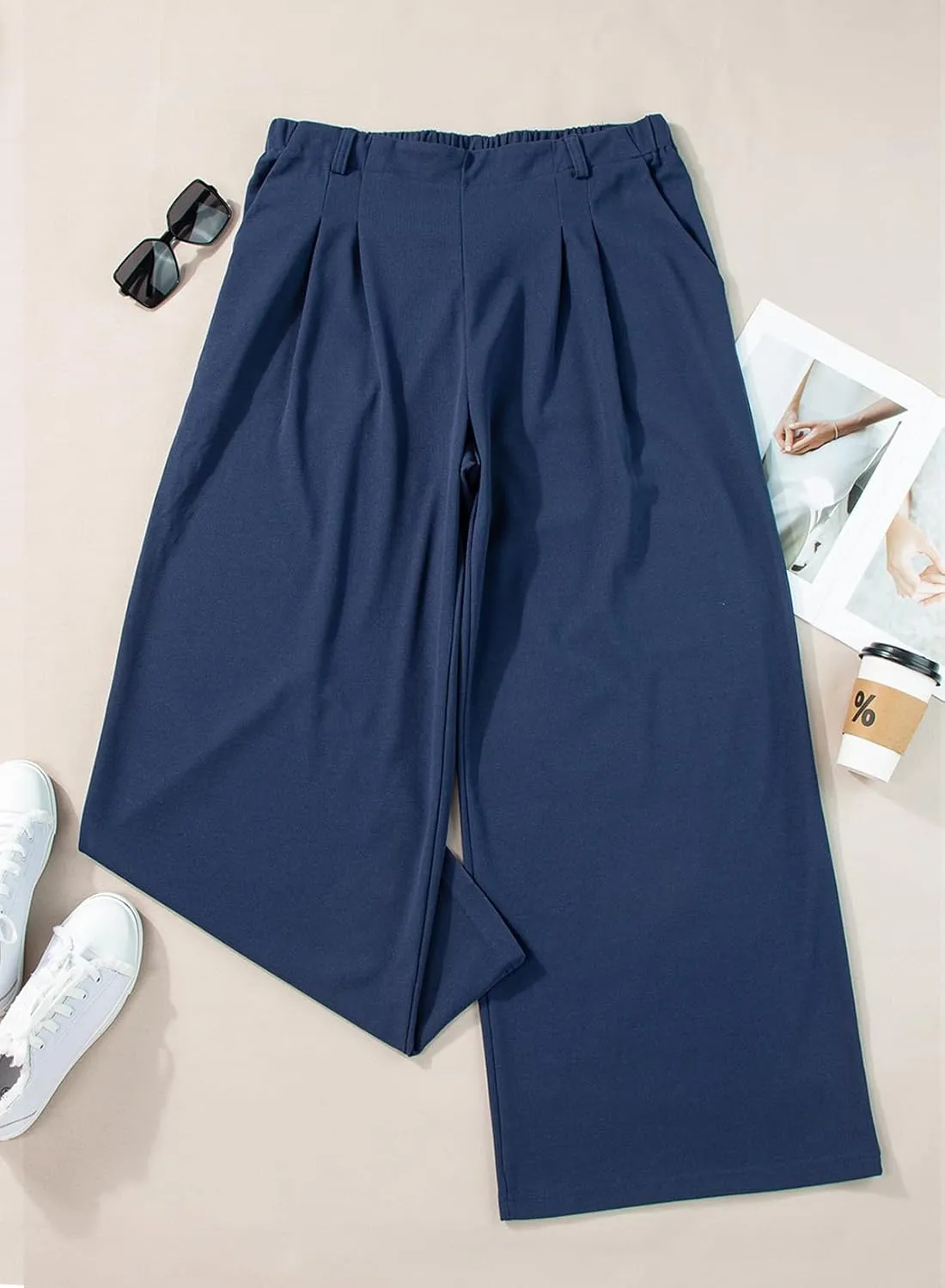 EVALESS Women's Wide Leg Pants Elastic High Waisted Waffle Knit Casual Palazzo Pants Trousers with Pockets