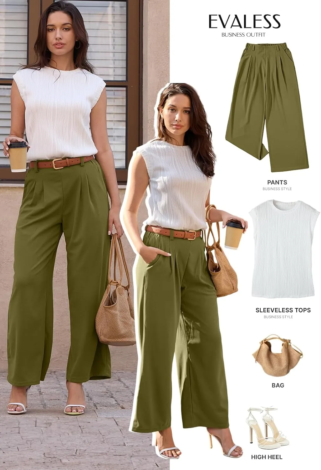 EVALESS Women's Wide Leg Pants Elastic High Waisted Waffle Knit Casual Palazzo Pants Trousers with Pockets