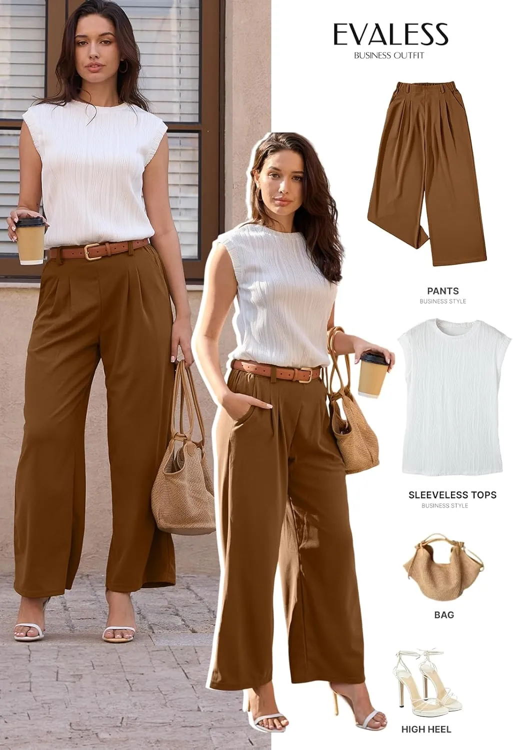 EVALESS Women's Wide Leg Pants Elastic High Waisted Waffle Knit Casual Palazzo Pants Trousers with Pockets
