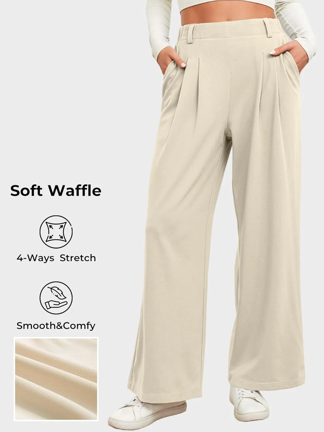 EVALESS Women's Wide Leg Pants Elastic High Waisted Waffle Knit Casual Palazzo Pants Trousers with Pockets