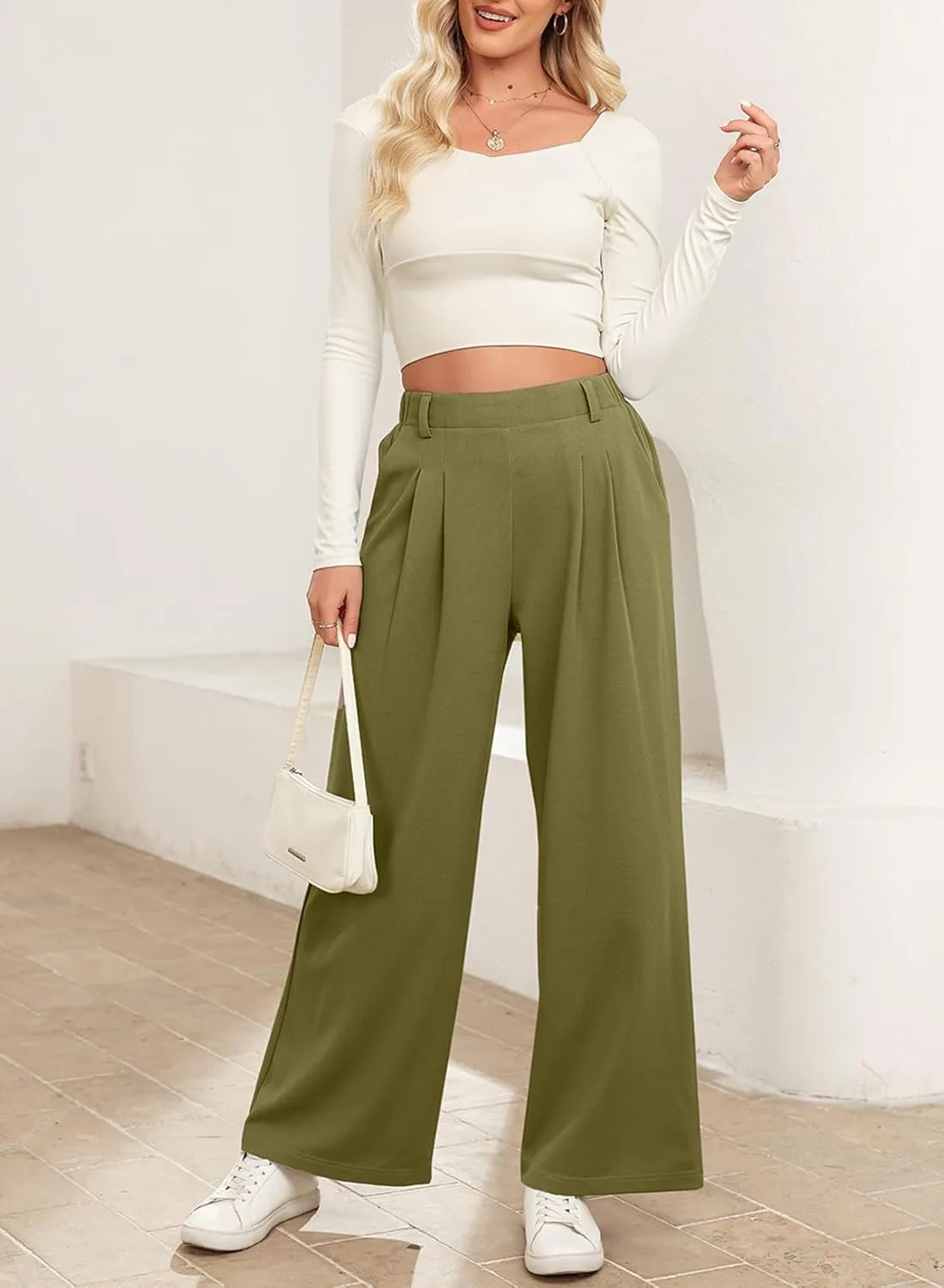EVALESS Women's Wide Leg Pants Elastic High Waisted Waffle Knit Casual Palazzo Pants Trousers with Pockets