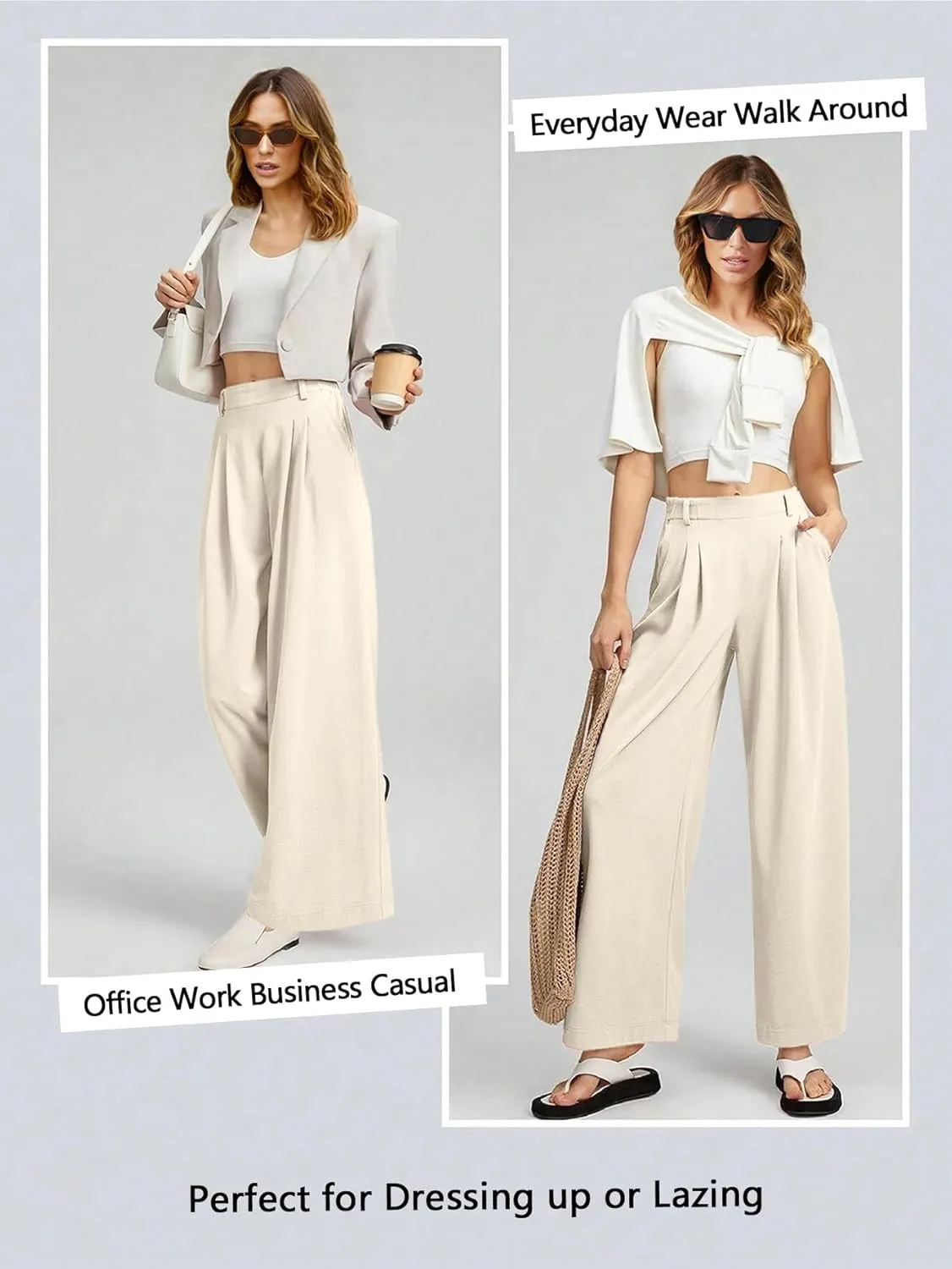 EVALESS Women's Wide Leg Pants Elastic High Waisted Waffle Knit Casual Palazzo Pants Trousers with Pockets