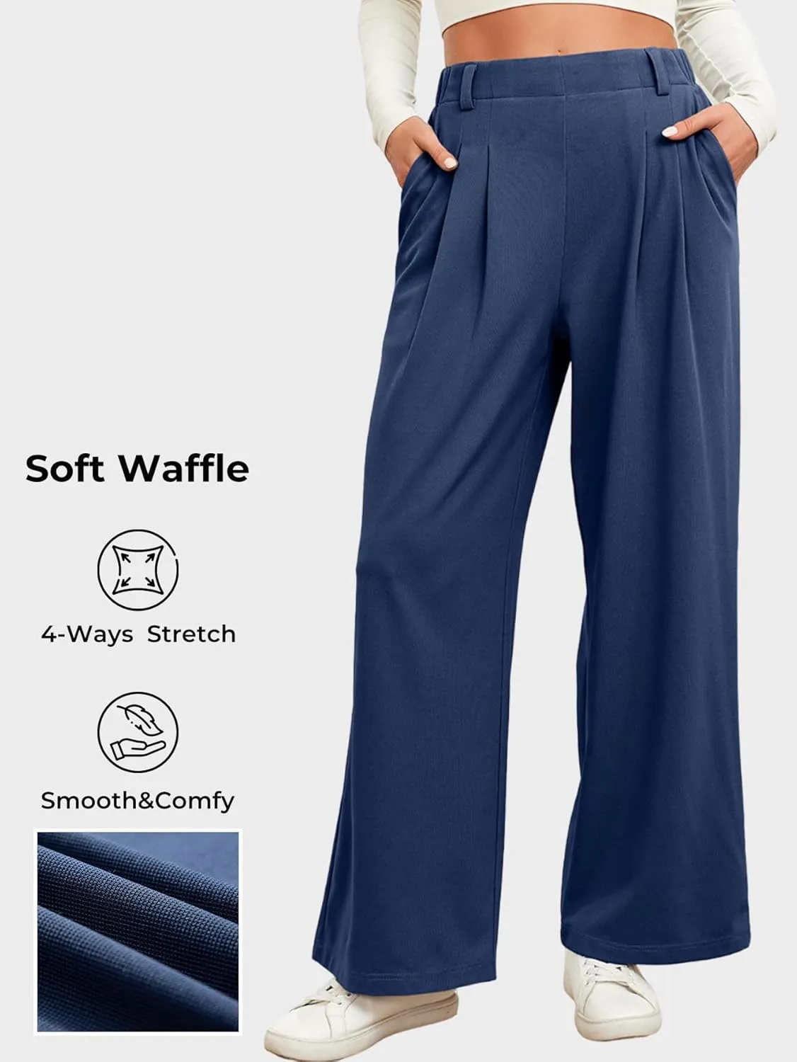 EVALESS Women's Wide Leg Pants Elastic High Waisted Waffle Knit Casual Palazzo Pants Trousers with Pockets