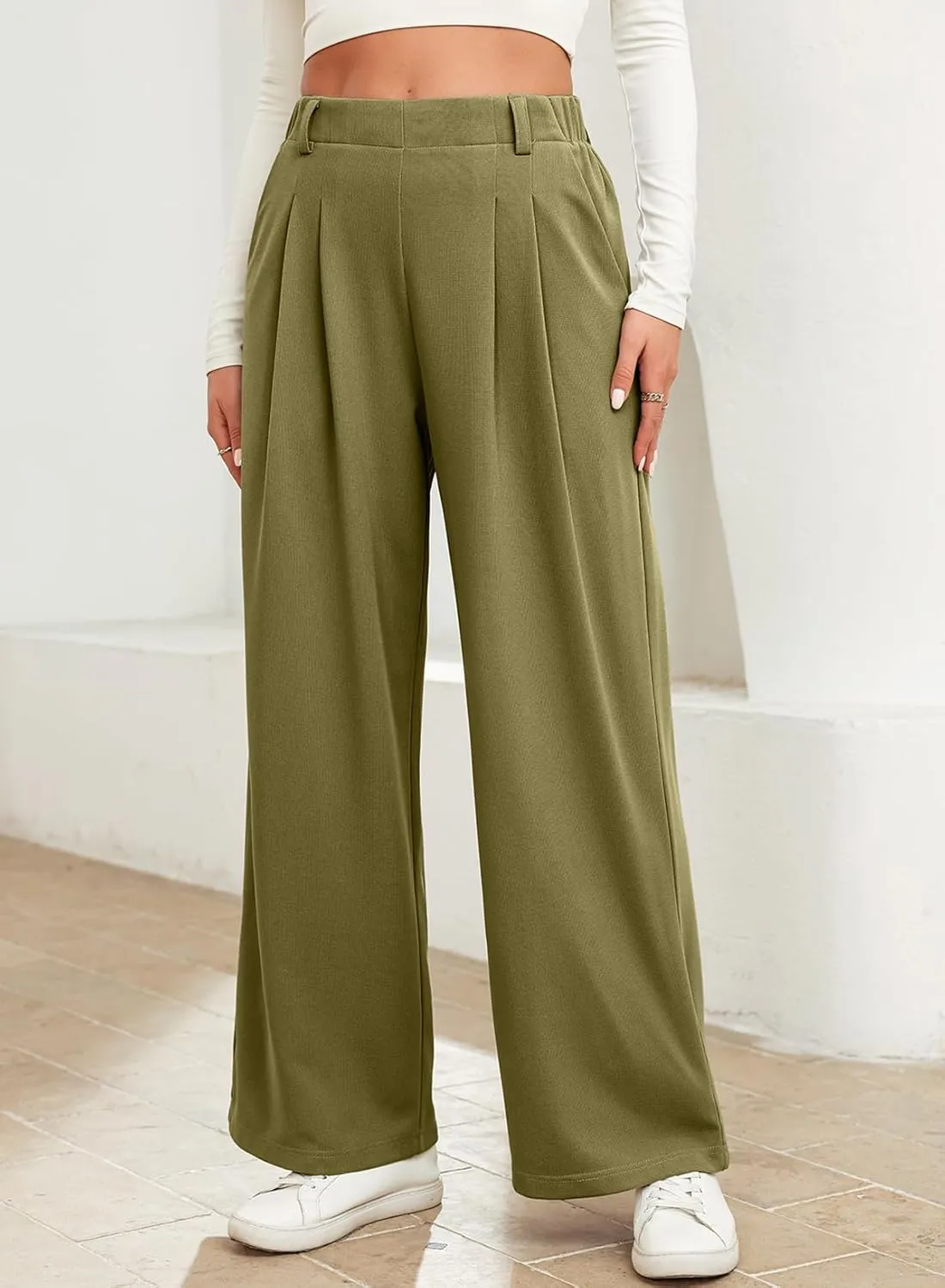 EVALESS Women's Wide Leg Pants Elastic High Waisted Waffle Knit Casual Palazzo Pants Trousers with Pockets