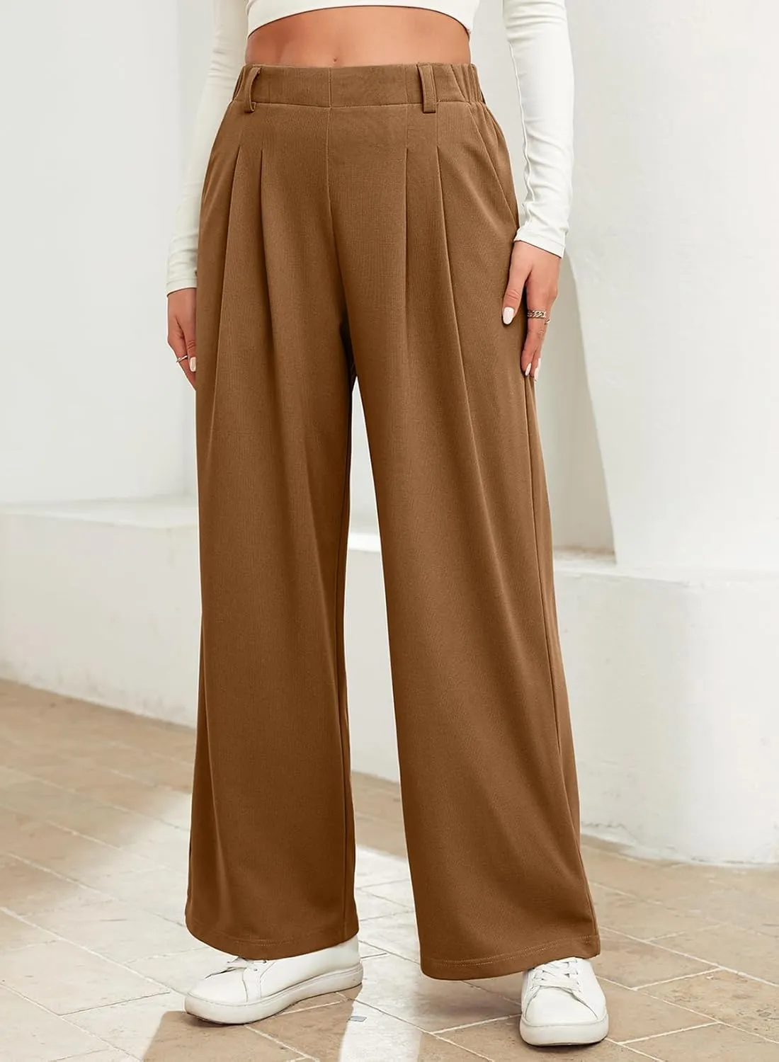 EVALESS Women's Wide Leg Pants Elastic High Waisted Waffle Knit Casual Palazzo Pants Trousers with Pockets